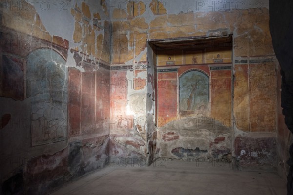 OPLONTIS, ITALY, MAY 03, 2022, Scenic frescos on the wall of famous Villa Oplontis, ancient Roman villa and world heritage sight, Southern Italy