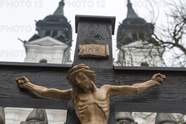 Jesus Christ on the cross. Symbolic photo for Good Friday, Easter and Resurrection. Linz, Upper Austria, Pöstlingberg Austria