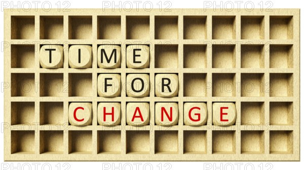 3d rendering of a wooden grid with cubes and the message time for change