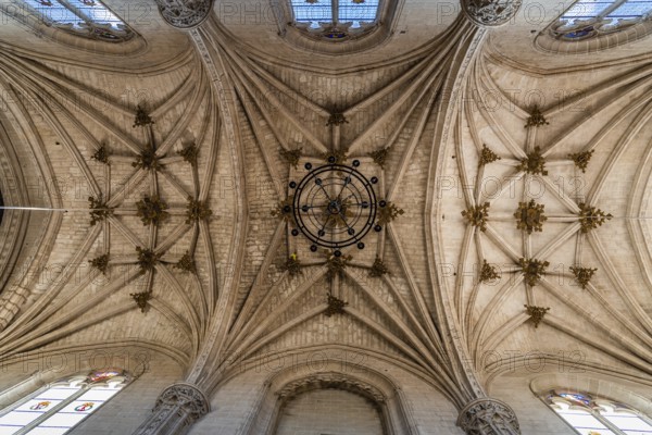 Toledo, Spain, December 6, 2019: Interior view of the church of the Monastery of San Juan de los Reyes. Directly below view of the ribbed vaults