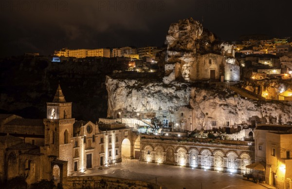 Famous church of Saint Peter Caveoso in Matera at night, Southern Italy