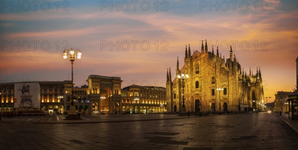 Cathedral on the Duomo square in Milan at sunrise, Italy