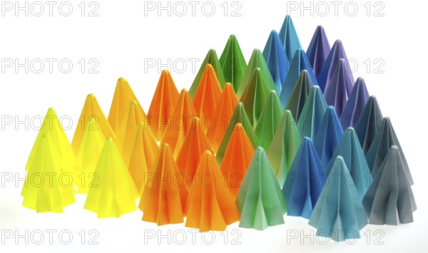 Colorful origami flower units isolated on white triangle shared like rainbow