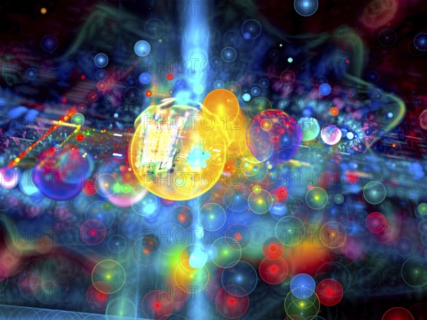 Abstract bright festive background - computer-generated image. Fractal art: glowing colourful chaos bubbles. Bokeh backdrop for cards, posters, banners