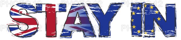 Text STAY IN with UK and EU flag under it, distressed grunge look