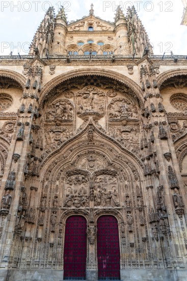 Main facade in plateresque style of the Cathedral of Salamanca. Castilla Leon, Spain