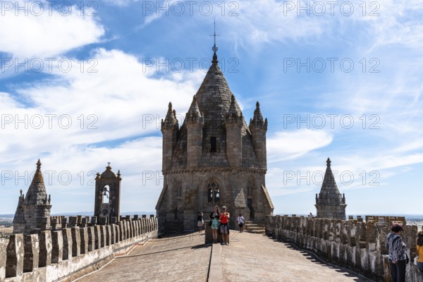 Evora, Portugal, June 30, 2022: The roofs of the Cathedral of Evora. Alentejo, Portugal. Sunny day of summer