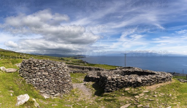 Fahan, Ireland, 5 August, 2022: view of the Fahan beehive huts on the Dingle Peninsula in County Kerry of western Ireland