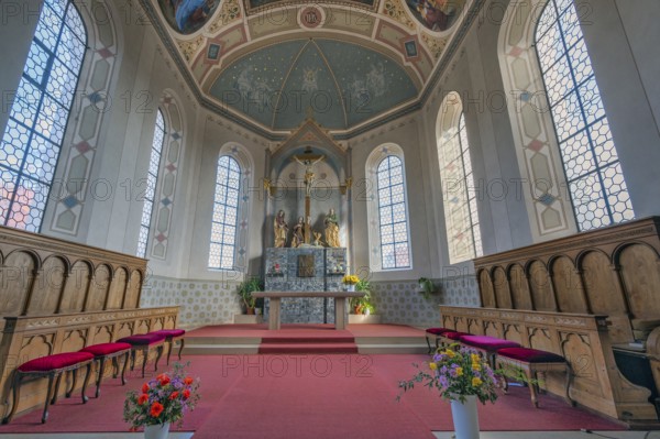 Main altar with choir stalls, St. Blasius Catholic Parish Church in Dietmannsried, Allgäu, Bavaria, Germany