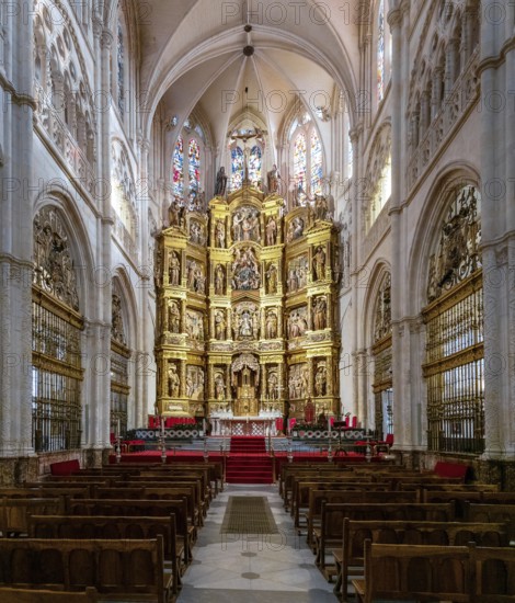 Burgos, Spain, 14 April, 2024: view of the main altar in the central nave of the Burgos Cathedral