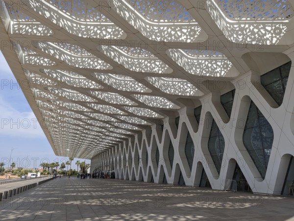 MARRAKECH, MOROCCO, APRIL 22, 2023, Modern architecture in Arabian style at the Marrakech Menara Airport, Morocco