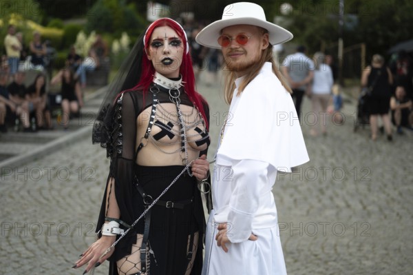 BOLKOW, POLAND - JULY 14, 2023: An unidentified participants of the Castle Party on the street in town. Castle Party is a dark independent festival.