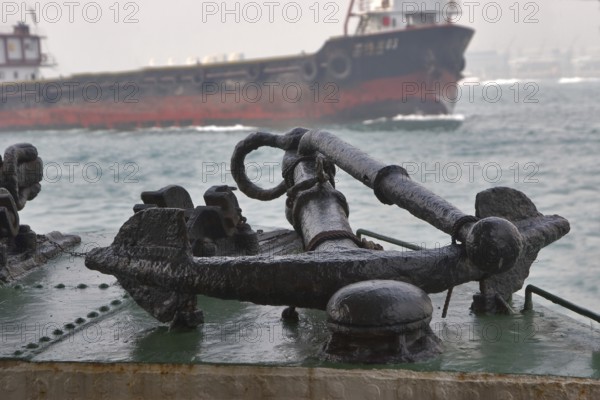A sculpture of an anchor on a mooring in Hong Kong