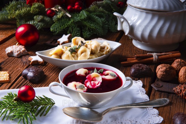 Christmas beetroot soup borscht with small dumplings