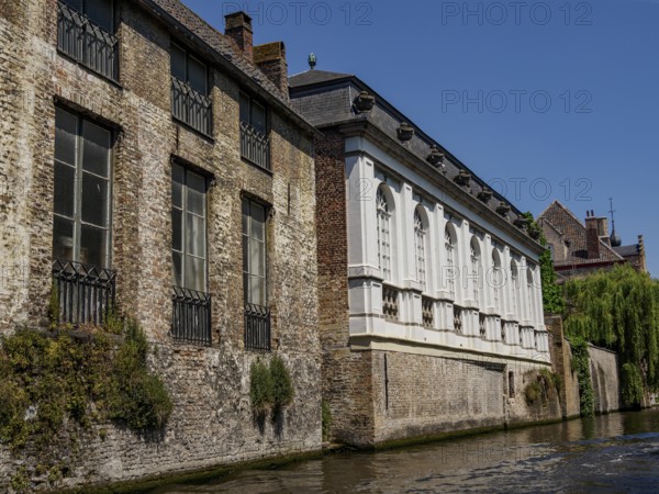 Historic buildings with brick façade along a canal, partly surrounded by greenery, under a clear sky, Bruges, Belgium