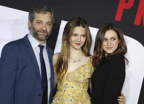 Judd Apatow, Maude Apatow and Iris Apatow at the Los Angeles premiere of 'Blockers' held at the Regency Village Theatre in Westwood, USA on April 3, 2018., Westwood, California, USA
