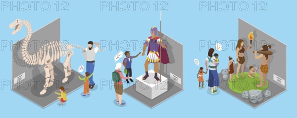 3D Isometric Flat Illustration of School Museum Excursion, Cultural Education, Exhibition