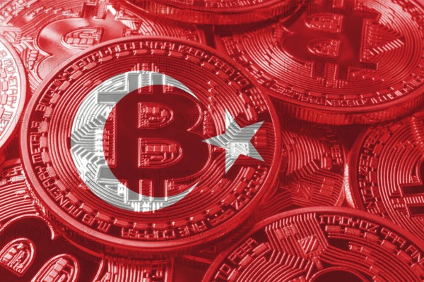 Turkey bitcoin flag, national flag cryptocurrency concept black background