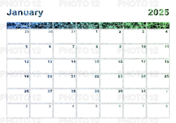 January 2025 calendar, week start Sunday, modern design