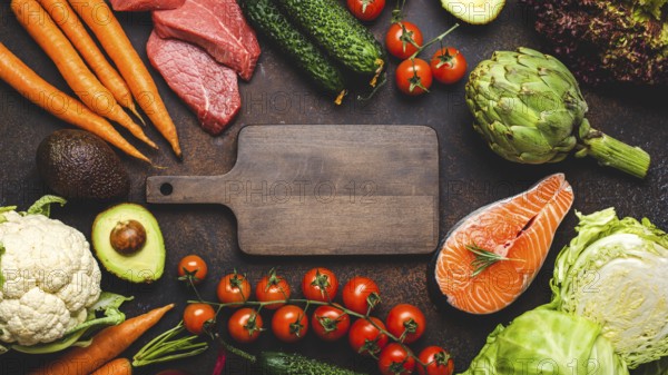 Assorted food raw products: vegetables, beef meat, fish salmon and empty wooden cutting board in centre, dark rustic brown stone table top view. Healthy food background, ingredients for balanced diet, food photography, food photography