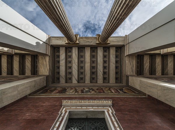 Athens Old Town, Attica, Greece, 12 28 2019 View from above over the entrance, pillars and ceiling of the Greek National Academy