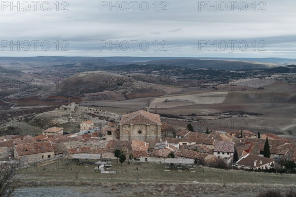 View of the historic town of Atienza with old stone houses against sky