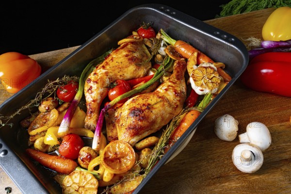 Roasted chicken legs with various vegetables
