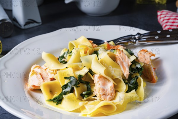 Tagliatelle with salmon and spinach in a cream sauce