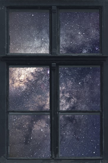 Starry night sky Window view. Milky Way Galaxy
