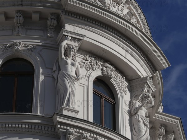 View upwards to enchanting facades on Dittrichring. Leipzig, Saxony, Germany