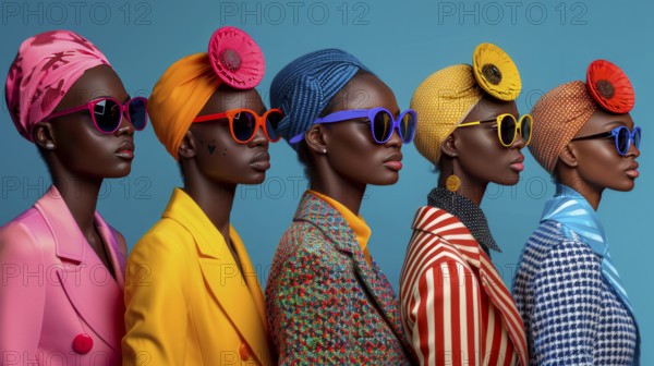 Models in stylish outfits and colorful sunglasses against a blue background