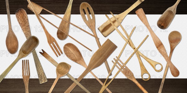 Topview of Set Cooking Wooden Utensils on Table Background