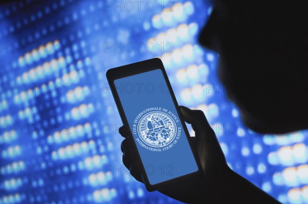 May 25, 2024, Brazil. In this photo illustration, the International Court of Justice (ICJ) logo is displayed on a smartphone screen