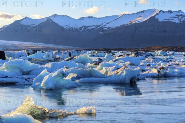 Panoramic view of Jokulsarlon glacial lake in the summer evening light, Iceland