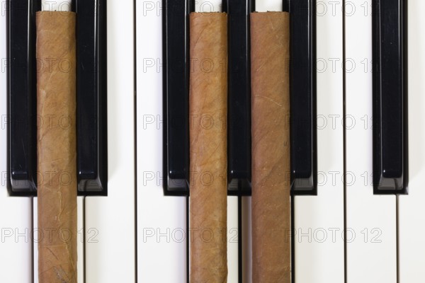 Detail of piano keyboard and luxury cigars