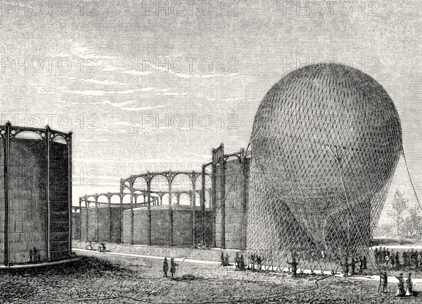 Departure of a gas balloon from the La Villette gas plant, Paris, France, 19th century
