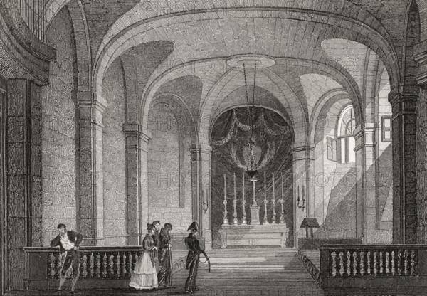The Conciergerie, chapel of the prison, Paris, antique steel engraved print, 1831