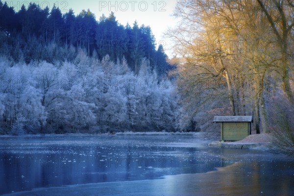 Beautiful winter landscape with ice and frost in the sunshine. Beautiful winter landscape with frosted trees