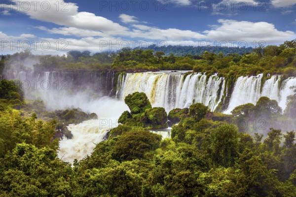 The waterfalls Iguazu. World of falling water. Picturesque basaltic ledges form the famous waterfalls. The concept of active and exotic tourism