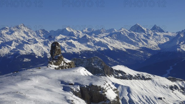 View from the Diablerets glacier, Switzerland. Snow covered mountains in Valais Canton. Winter scene in the Swiss Alps