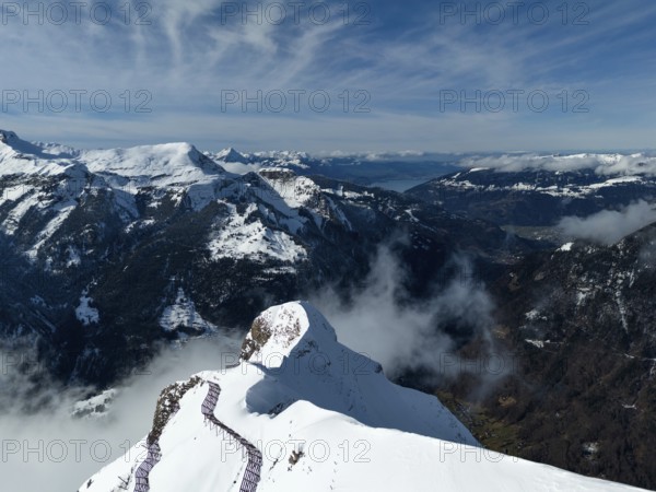 Anti-Avalanche Structures, Snow Bridges, Snow Nets on Mannlichen Mountain. Swiss Alps. Switzerland. Aerial View. Avalanche Defense
