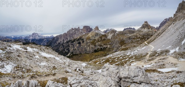 Panoramic view of the famous peaks of the Dolomites, Tre Cime di Lavaredo National Park, Dolomiti Alps, South Tyrol, Italy