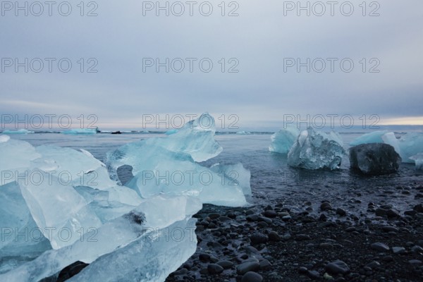 Vast icy shoreline seen with scattered icebergs under a wide overcast sky, Expansive icy scene with glaciers and rugged mountains, capturing a serene, cold atmosphere, iceberg, glacier, snow, ice rock, ice diamont, glacier lagoon, nature, snow, diamont beach, Iceland