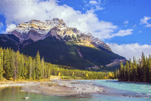 Jasper Park. Canada. Mountain and river make up magnificent landscapes. The Athabasca River begins at the Columbia Glacier. Travel, ecological and photo tourism concept
