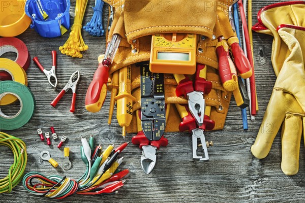 Very big set tools of electrical tools on vintage wooden background