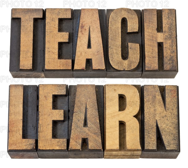 Teach and learn - education concept - isolated words in vintage letterpress wood type
