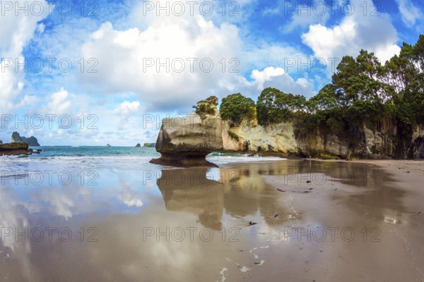 Cathedral Cave on the North Island of New Zealand. Coromandel Peninsula. Bizarre clouds and coastal cliffs reflected in the tidal waters of the Pacific Ocean. The concept of ecological and photo tourism