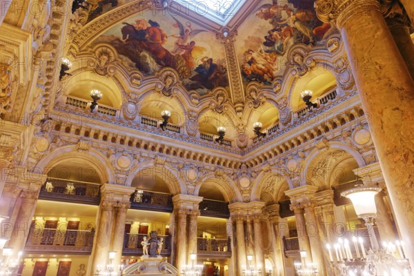 PARIS, FRANCE, MARCH 14, 2017 : interiors, frescoes and architectural details of the palais Garnier, Opera of Paris, march 14, 2017 in Paris, France