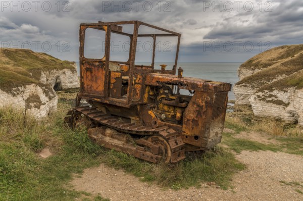 Flamborough, East Riding of Yorkshire, England, UK, September 14, 2018: An old rusty crawler on the cliffs of Flamborough North Landing