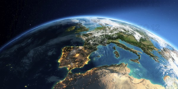 Highly detailed Earth with atmosphere, exaggerated relief and light-flooded cities. Transition from night to day. Part of Europe, the Mediterranean Sea. 3D rendering. Elements of this image furnished by NASA